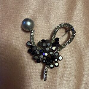 Chic Silver and Black Crystal Brooch